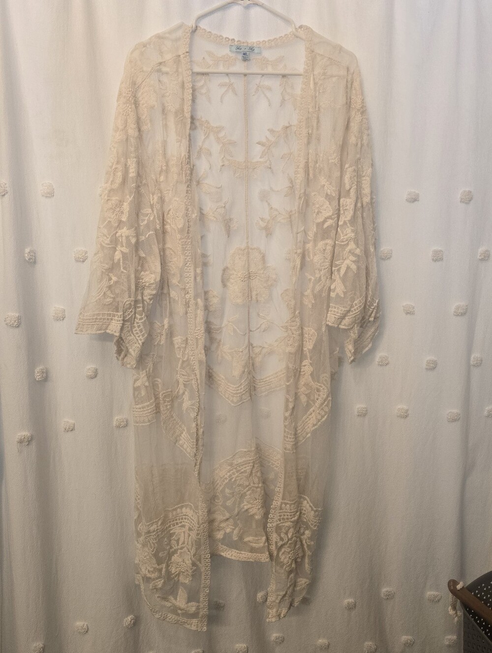 She + Sky Boho Sheer Embroidered Kimono - Cream Medium/Large